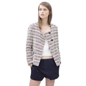 Zara Basic Womens Tweed Cropped Jacket Navy Blue Red Striped Snap Button Size M